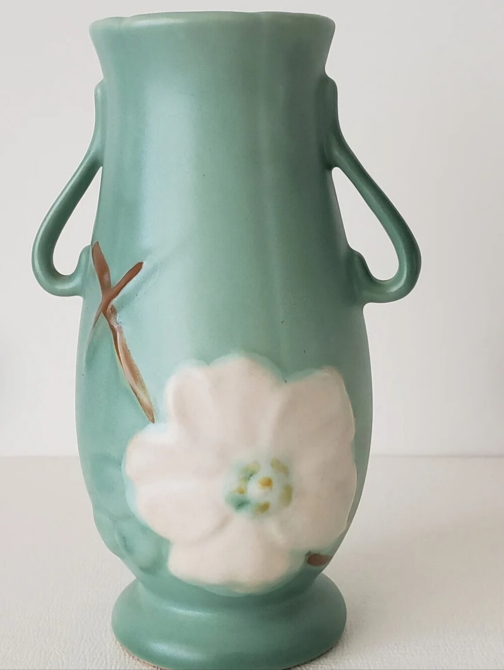 Weller Wild Rose Vase: Aqua Green Pottery with White Flower